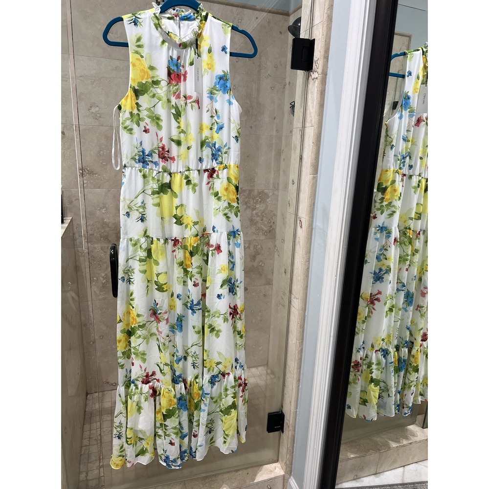 New Nwt Calvin Klein Floral Maxi Dress Tiered Ruffle Yellow Chiffon Gown White M